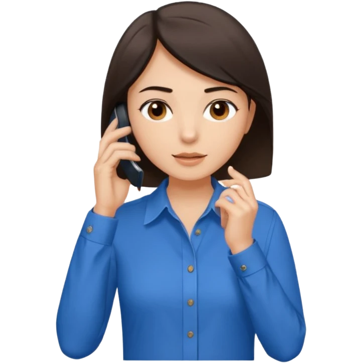 generate a pretty fair bratz girl with dark brown eyes. Dark brown hair straight short hair. tight blue button up shirt with top shirt open.  Talking on the phne emoji