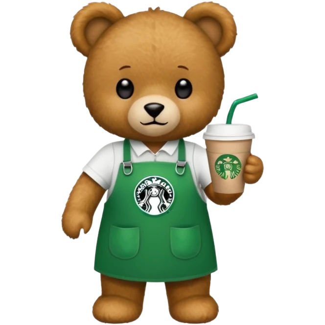 teddy bear wearing green apron with one cup of starbucks coffee emoji