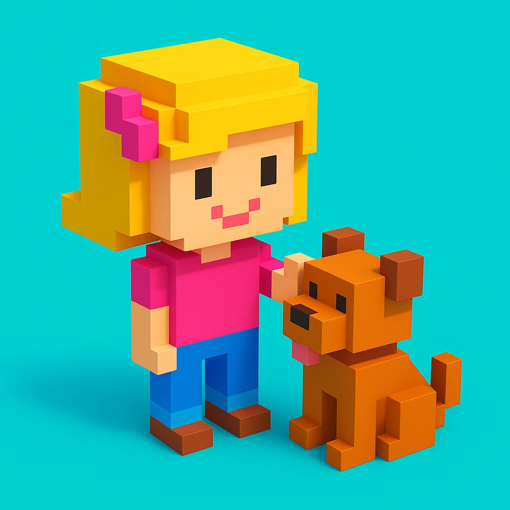 create a voxel style 3d image girl and  her dog, colored background emoji