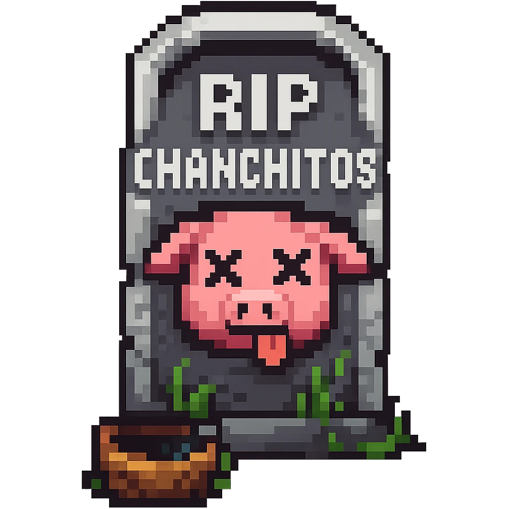 Add the text 'RIP CHANCHITOS' on the tombstone and depict the pig with a dead expression (X eyes, tongue out) in pixel art style, no background. emoji