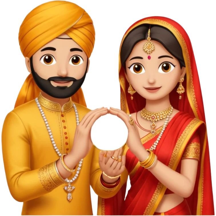 Two hands in a engagement..One hand of groom and one hand of bride. Bride hand - red/yellow saree. groom- light orange punjabi (oonly hands will be visible in the image). Groom's hand is holding a ring and bride's hand will be wearing the ring emoji