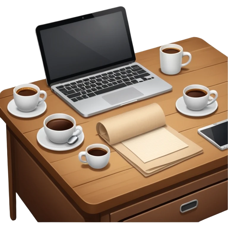 emoji of a cozy desk with a paper, a single coffee, and a laptop on it emoji