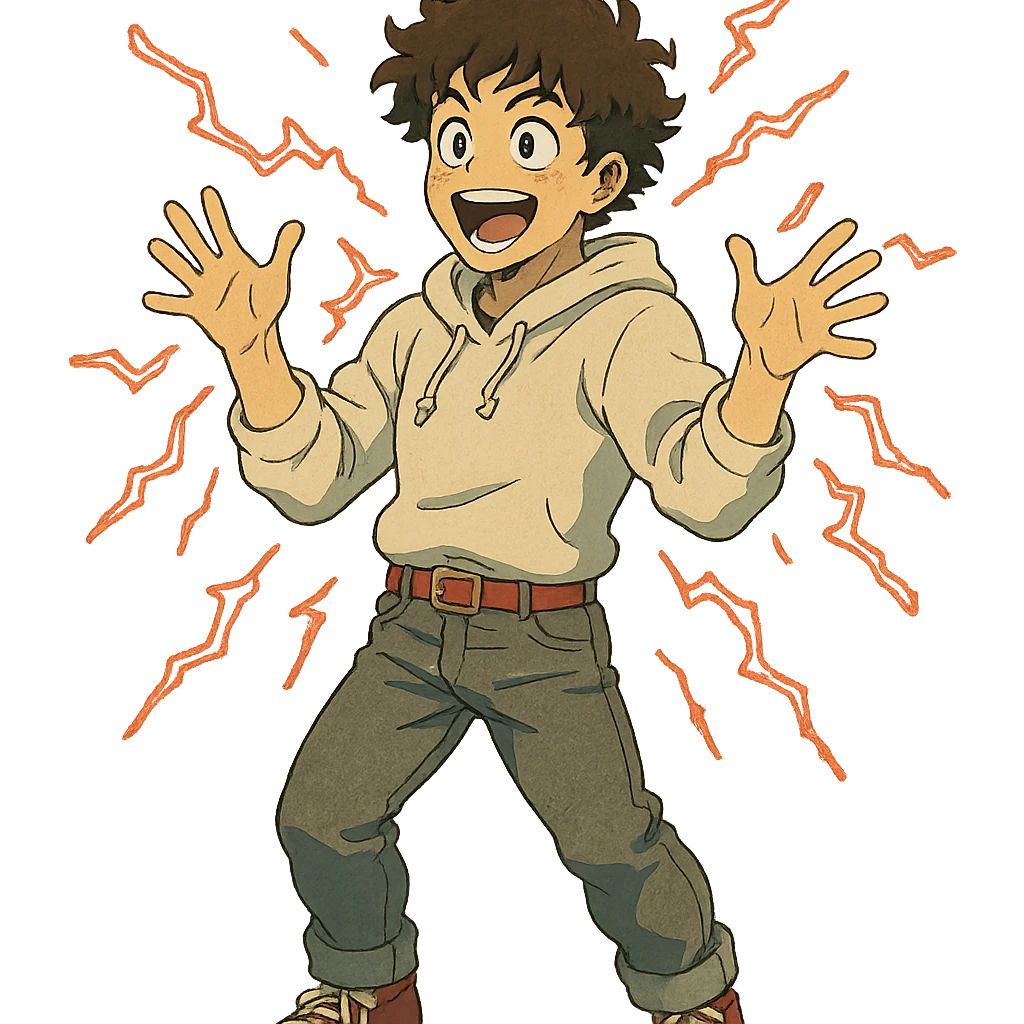 1 male, mid fade haircut dark chestnut brown curly hair, toasted lightskin, white hoodie sleeves up, gray fashion jeans, red fashion-sneakers shoes, red belt, short trimmed beard and goatee,  style of deku from "my hero academia",  doing a "i adore that!" exclaimation pose with red electricity emoji