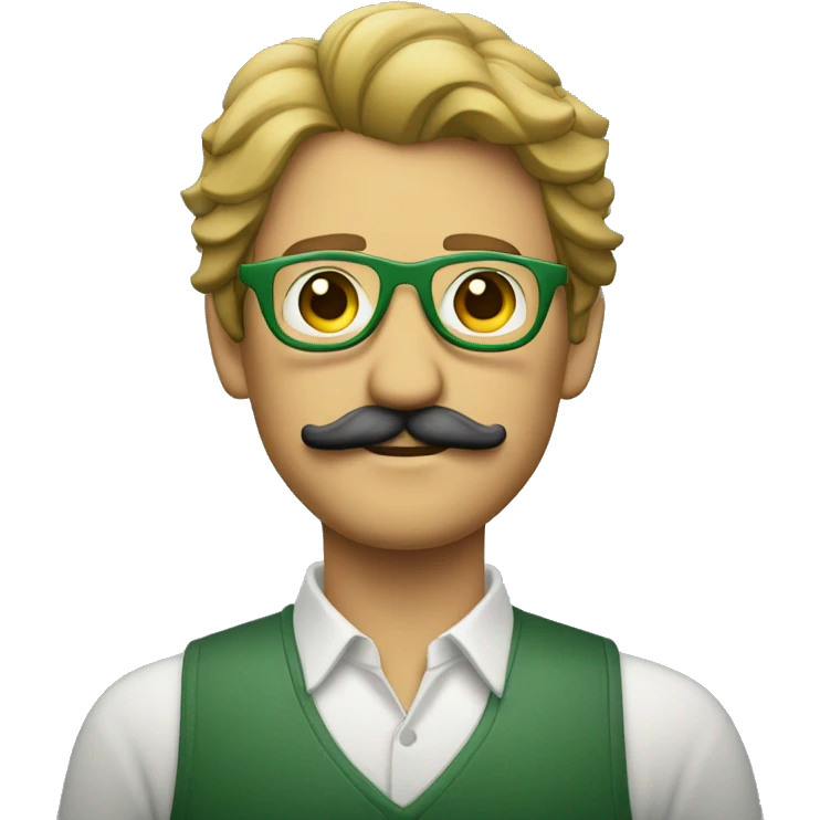 Hombre con bigote, con el pelo verde y unos lentes emoji