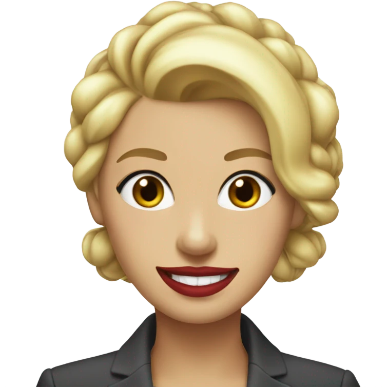 blonde woman with hair tied up in a suit and red lipstick smiling emoji