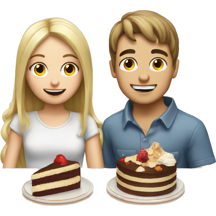 Blonde girl and brunette boy eating cake  emoji