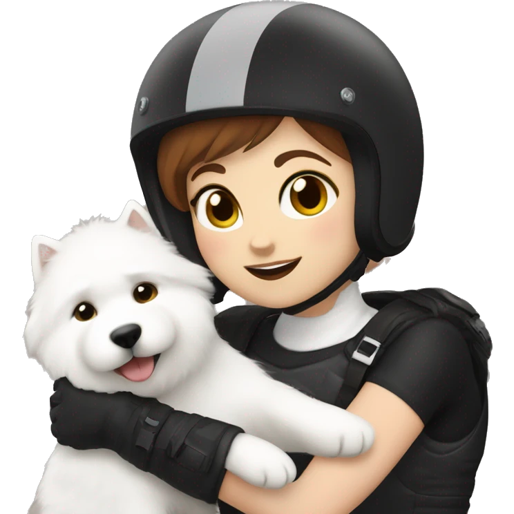 Girl biker white skin and brown short hair with a agv black helmet hugging a white Samoyed emoji