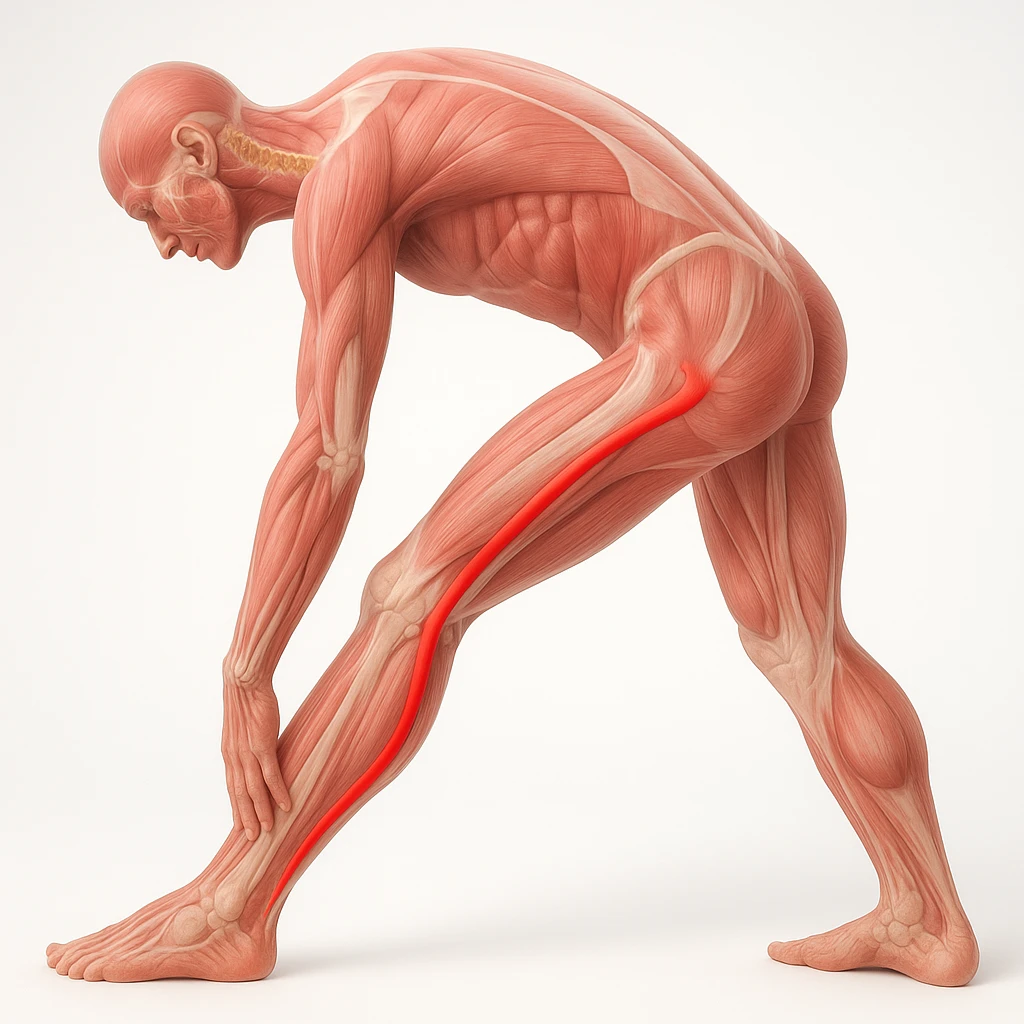 Hyperrealistic anatomical view of sciatica: human body in stretching position, sciatic nerve highlighted in red along the leg, visible muscles and bones, white background, 4K quality. emoji