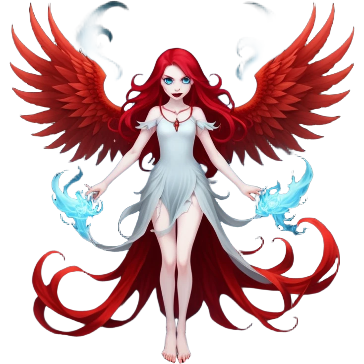 full body portrait of an extremely diabolical girl with pale white skin, massive towering wings, very long flowing blood red hair, glowing blue eyes, evil grin, no accessories, with swirling red and black smog/smoke at the bottom of her feet emoji