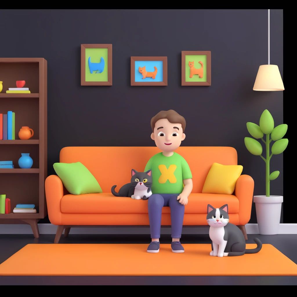 boy and cat pet, living room background emoji