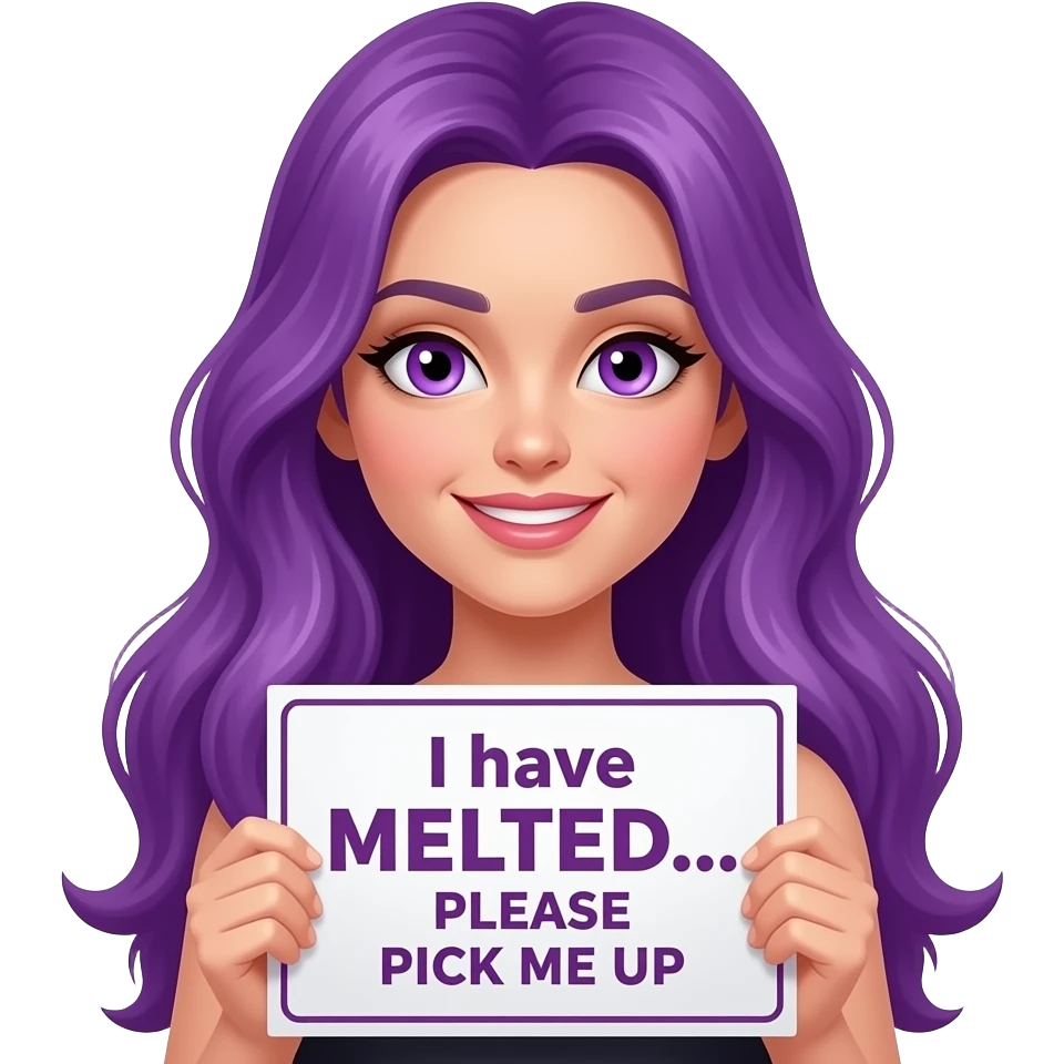 sexy girl with long purple hair and purple eyes holding a I have MELTED... PLEASE PICK ME UP sign emoji
