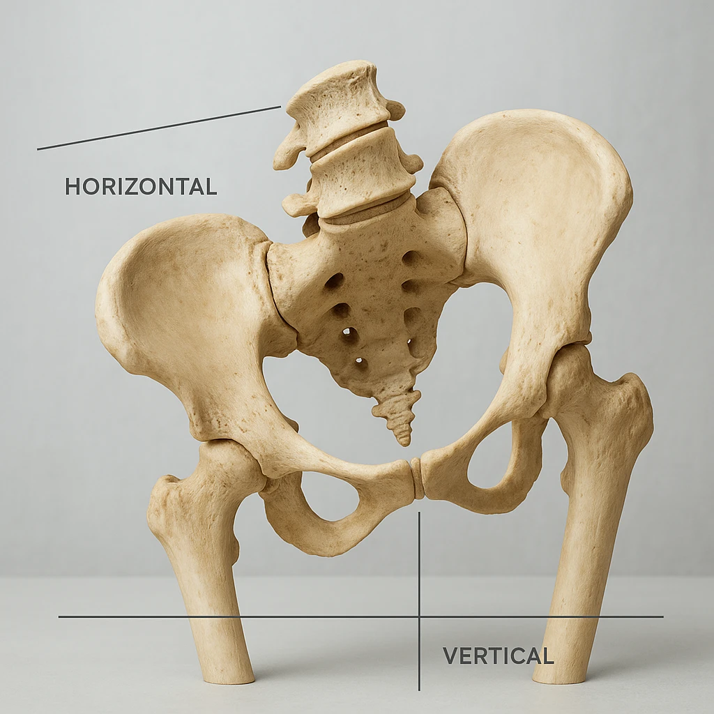 realistic human pelvis tilted, 4K resolution, detailed anatomical features, evident tilt, horizontal and vertical reference lines for comparison, front view, clinical atmosphere, light background emoji