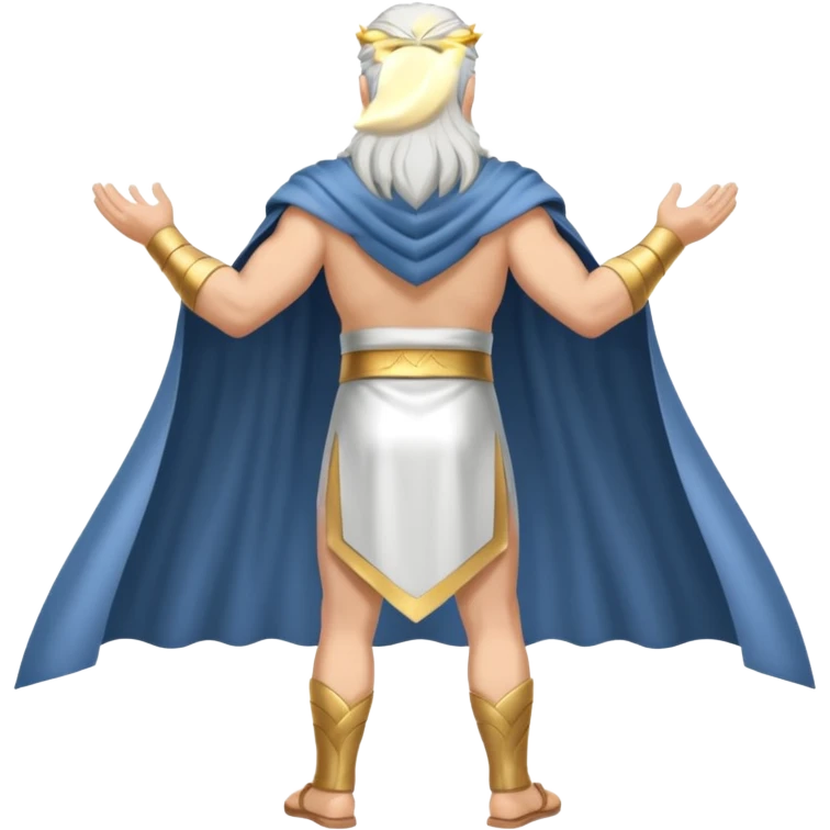 fullbody silverhair god ZEUS, white back cape, standing still rearview emoji