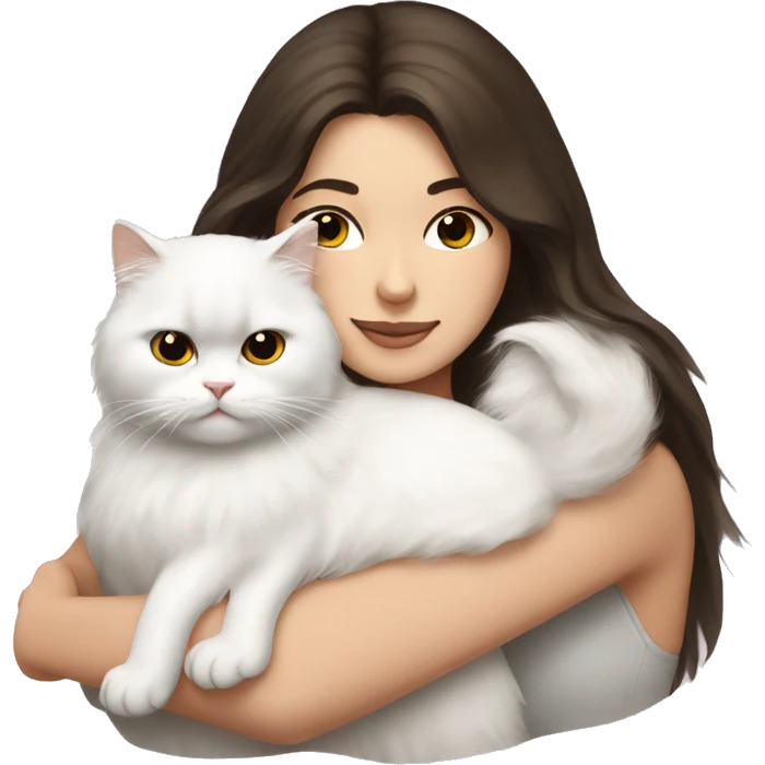 Brunette woman snuggling white Persian cat emoji
