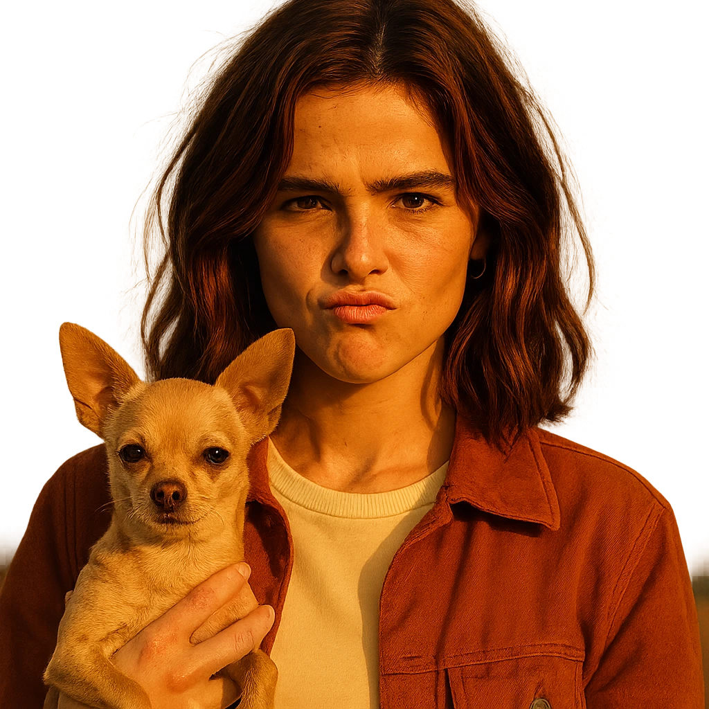 portrait centered of a woman inspired by Zoe Deutch's face, tanned skin, subtle freckles, rebellious and playful expression, medium-length brown hair with auburn highlights, shirt color #FFF8CA, rust-colored jacket, holding a beige-brown chihuahua, golden hour lighting effect, transparent background, Netflix series style emoji