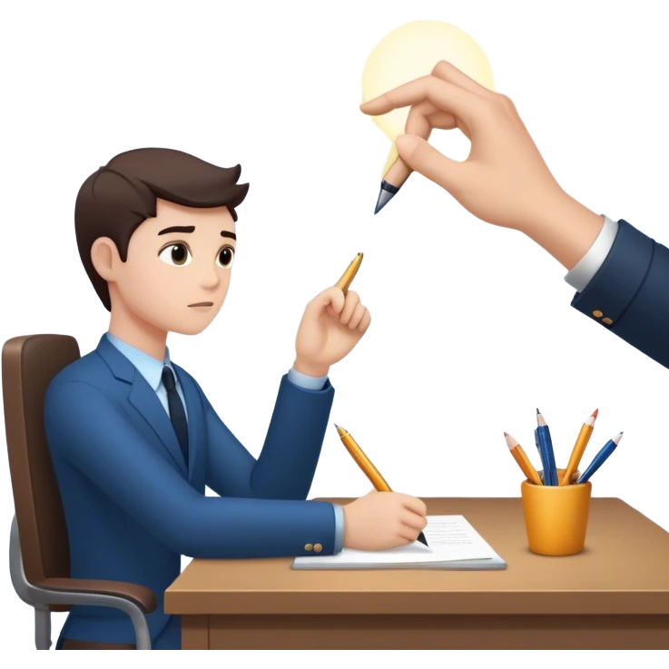 The present self sits at a desk, hesitating, while another glowing hand—representing the future self—rests reassuringly on their shoulder. In the other hand, the future self holds out a pen, gently encouraging action, symbolizing the power of starting despite doubt. emoji