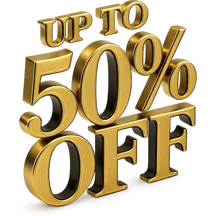 elegant serif font text 'UP TO 50% OFF' in gold and black colors, no background emoji