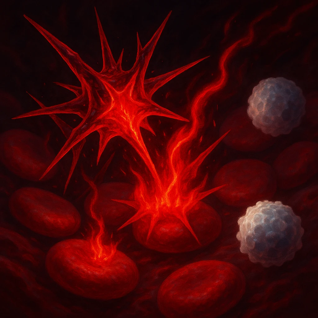 artistic close-up of omega-6 fatty acid molecules in the bloodstream, depicted as sharp, aggressive red structures glowing with inflammation effects, interacting with healthy cells triggering red flames or inflammation signals, nearby white blood cells reacting defensively, surreal medical semi-realistic style with luminous inflammation effects emoji
