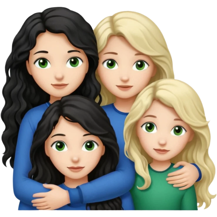 Компанія дівчат троє одна дівчина з чорним волоссям хвилястим довгим карими очима, друга з блондинистим довгим волоссям блакитними очима, третя з темним каштановим волоссям і зеленими очима, вони усі обіймаються emoji