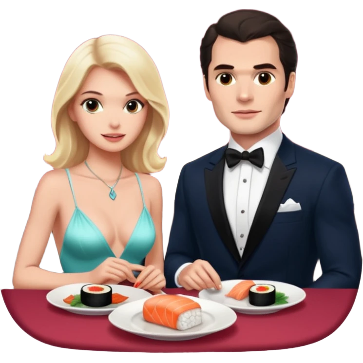 realistic photo of Henry Cavill with a beautiful  victoria secret model on a candle lit sushi date emoji