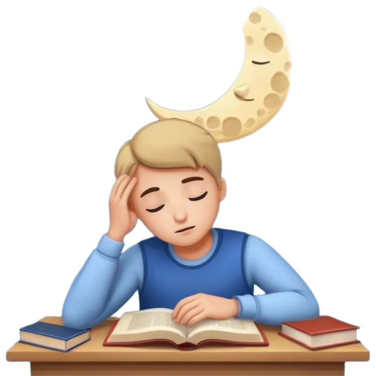 a tired person infront of a book learning with moon and stars behind emoji