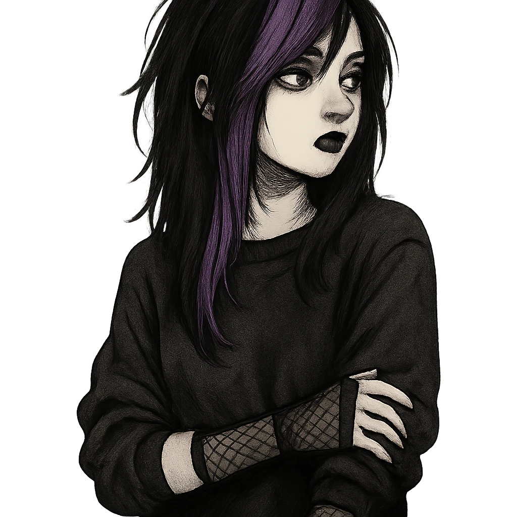 emo girl with purple streaks, fishnet gloves, black lipstick, oversized sweater, looking away emoji