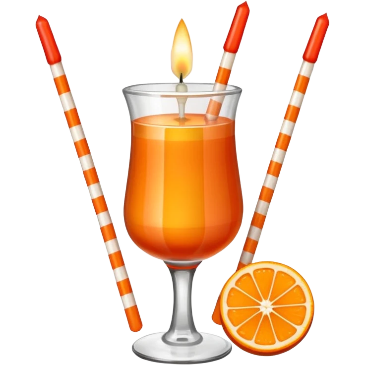 An orange with a horizontal red stripe around the middle. 4 vertical cocktail sticks in the orange with small pieces of candy on the sticks. On top of the orange a small white lit candle. emoji