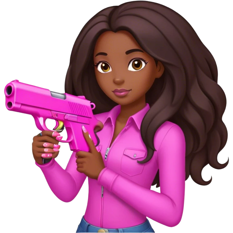 black Girl long hair hand pink nails holding pink gun emoji