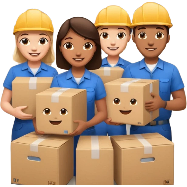 Generate a realistic emoji-style icon workers in a stoage room being efficient while packing emoji