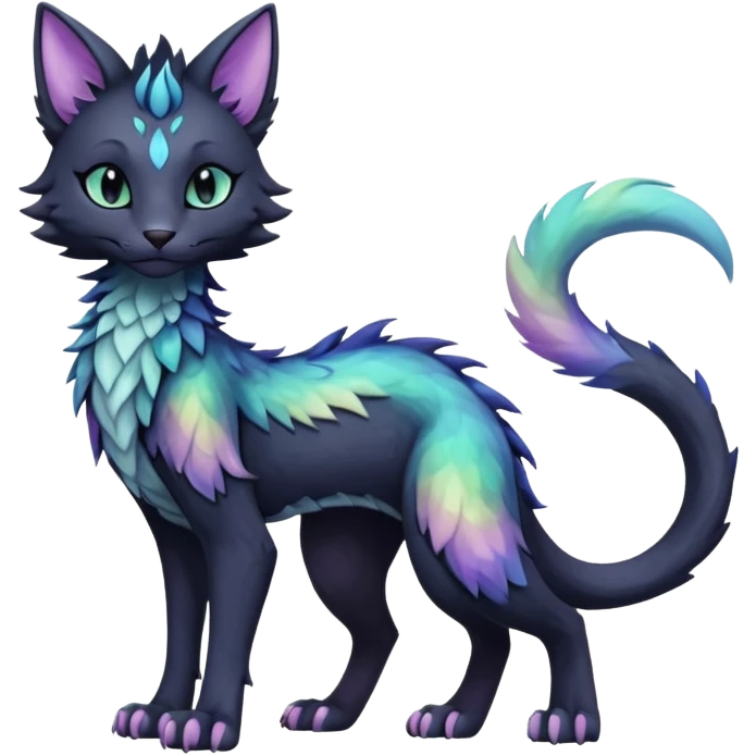 Kawaii black pastel iridescent beautiful pretty elegant divine edgy fantasy feline-vernid-sergal-fursona animal creature with a tufted tail full body with intricate markings  emoji