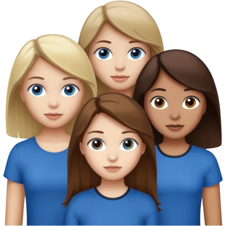 a group of 3 people where two are in the back one in the front -
1. Girl has white skin, brown hair, brown eyes
2. Girl has white skin, dirty blonde hair, blue eyes
3. Girl has tan skin, dark brown hair, dark brown eyes emoji