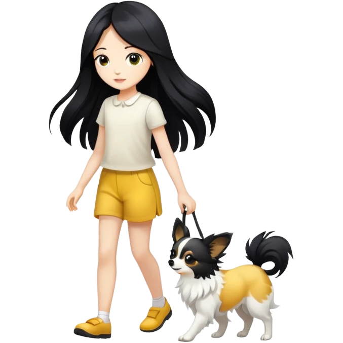 A girl with long black hair walks a yellow and white papillon emoji