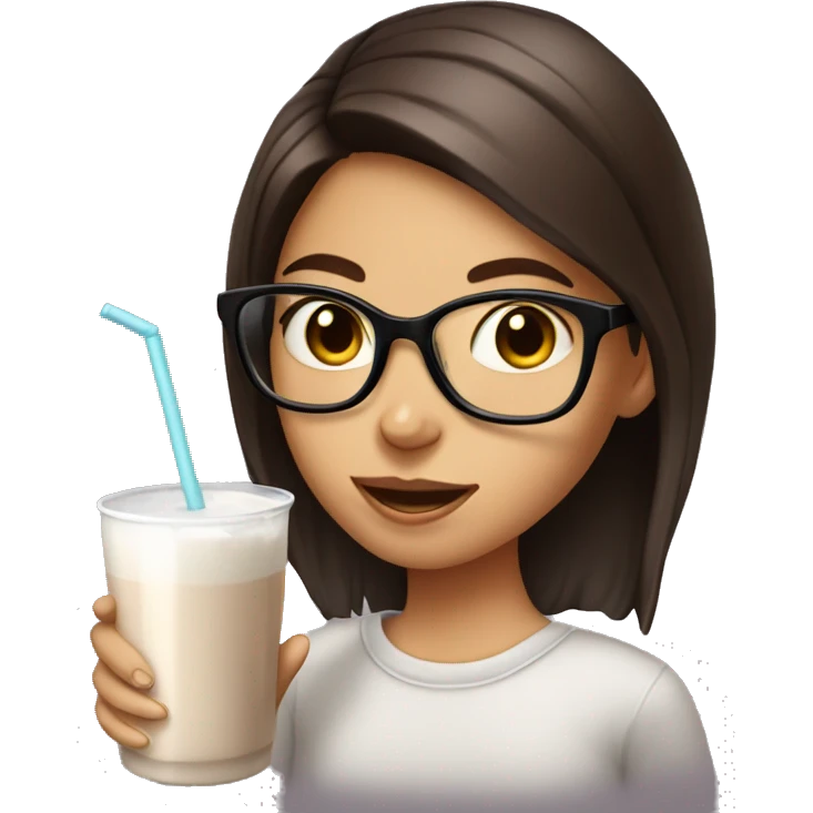 Girl with chocolate hair with glasses drinks milk emoji