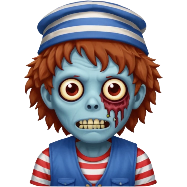 brown fluffy hair zombie with blue and white hat dark blue jilet red t shirt emoji