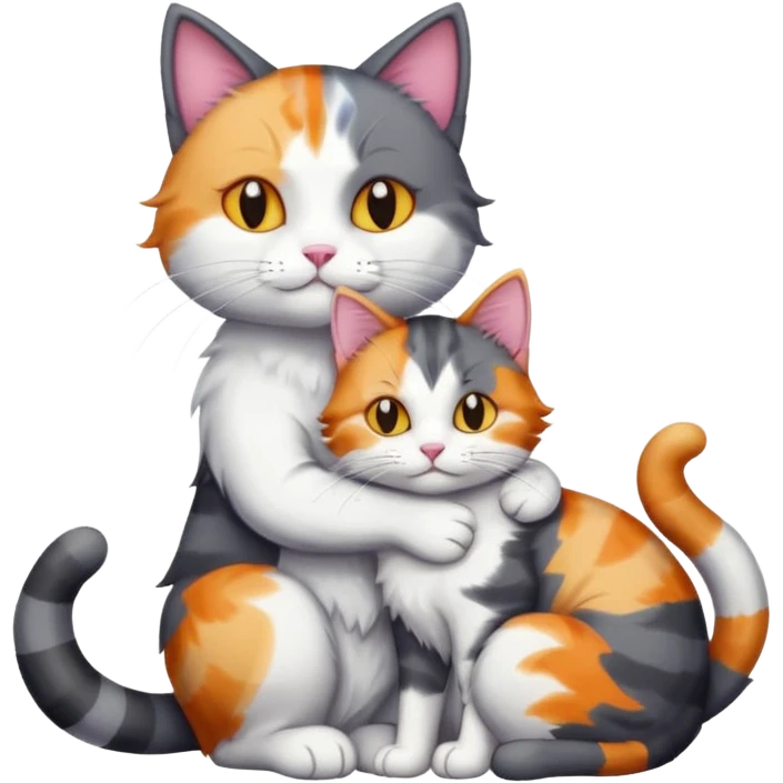 full body large dark grey and white cat cuddling a colourful light patched calico + white tabby cat  emoji