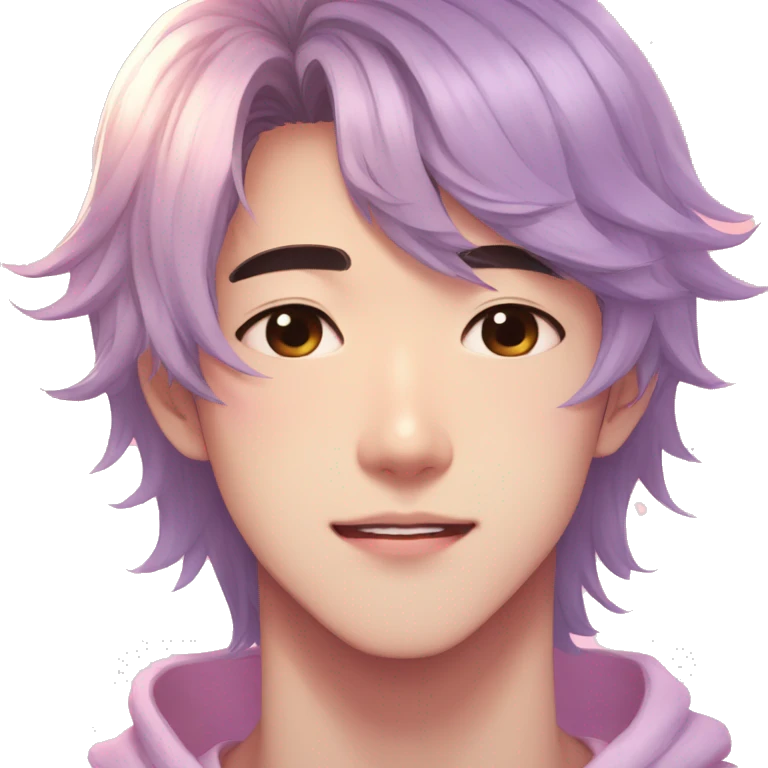 Gorgeous bright sparkly romantic Asian anime pastel guy with blushing face aesthetic trending style outside emoji