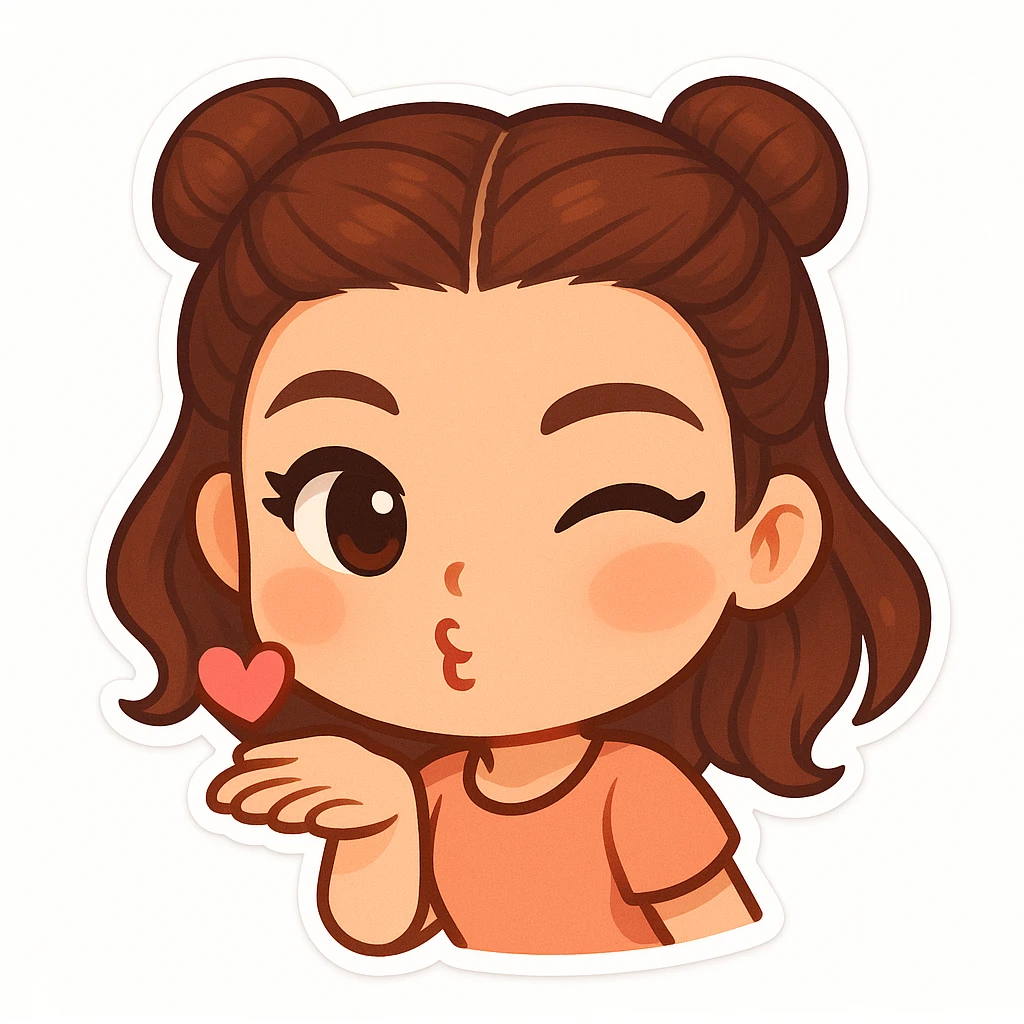 Create a chibi sticker of the girl from the reference image, blowing a kiss and winking, playful and sweet. emoji