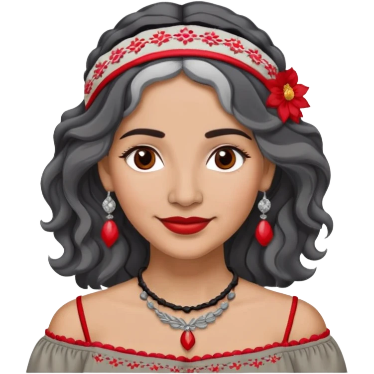 Latina woman, about 50, light brown skin, round face, wavy shoulder-length black and gray hair, red/white headband, medium eyes, thin eyebrows, subtle smile, gray peasant blouse, embroidery, bare shoulders, big dark necklace emoji