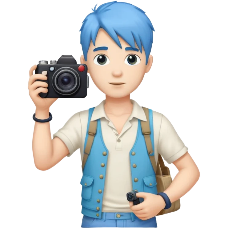 blue hair full body handsome man with camera and beach outfit  standing emoji