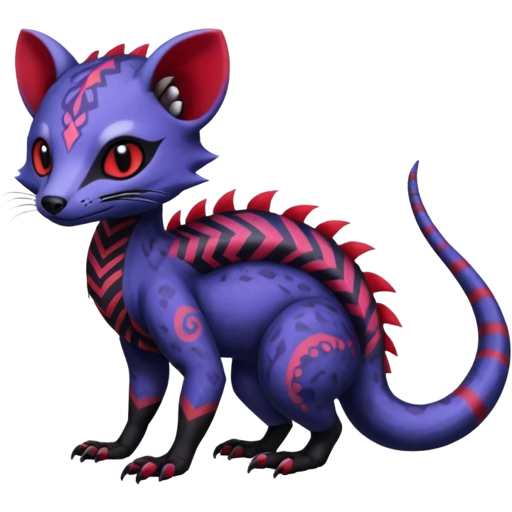 Rare warm-colored exotic gloomy tropical edgy cute epic aesthetic spooky indigo violet white black red gothic colorful Salandit-Noibat-Civet-species-Fakemon-hybrid-creature, with tribal tattoo markings, full body emoji