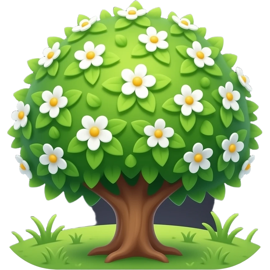 Apple-style blooming tree, round soft green canopy. No pot, no ground — only the tree. Small white and yellow flowers inside the leaves. Flat 2D vector, clean shapes, no gradients. Dark near-black background, premium fintech icon. emoji