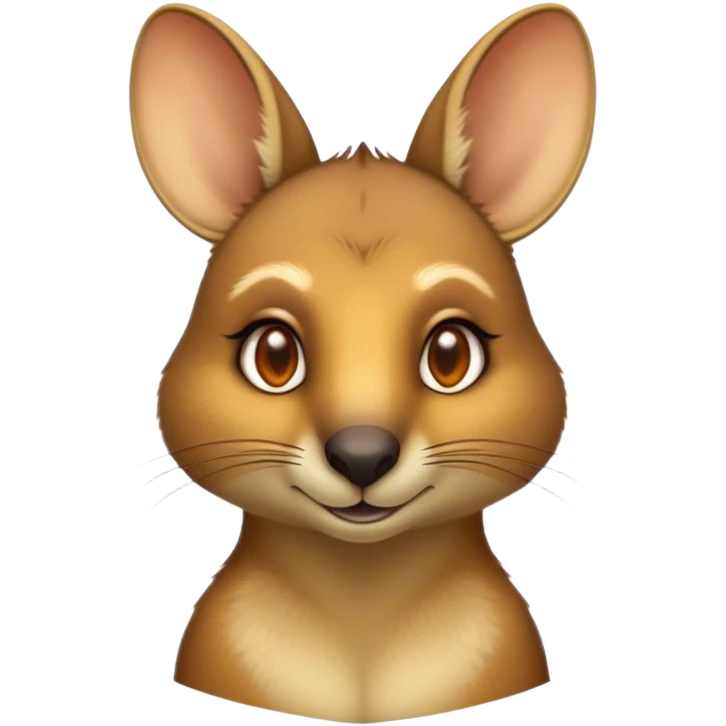 Cinematic Noble Wallaby Portrait Emoji, Poised and regal, with a compact, agile build and a soft, well-groomed fur of warm tan and light brown hues, deep-set soulful amber eyes and perky ears, Simplified yet sharp and sophisticated features, highly detailed, glowing with a soft, dignified glow, high shine, intelligent and spry, stylized with an air of bushland elegance, focused and attentive, soft glowing outline, capturing the essence of a watchful and confident marsupial, so majestic it feels as though it could hop out of the screen with effortless authority! emoji