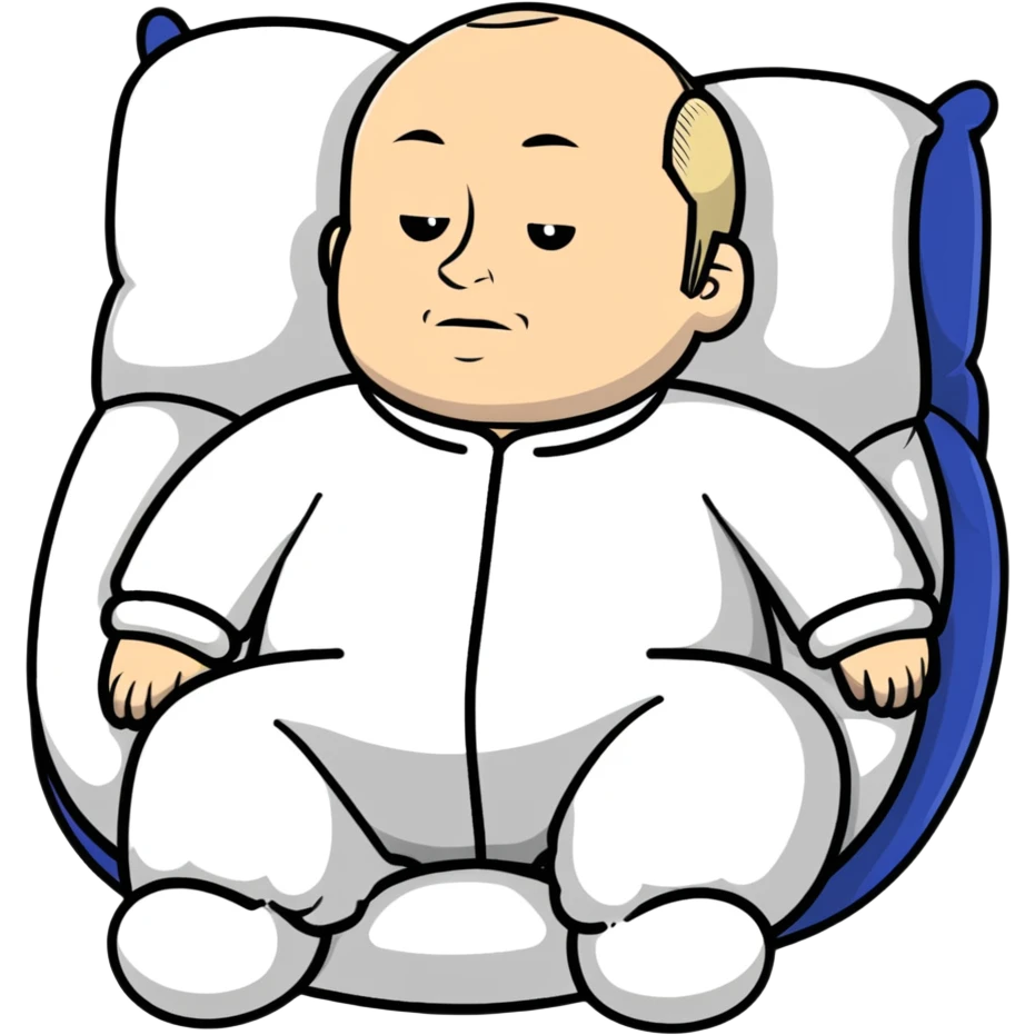 Vladimir Putin in pajamas lying on a memory foam pillow, testing it with a relaxed expression emoji