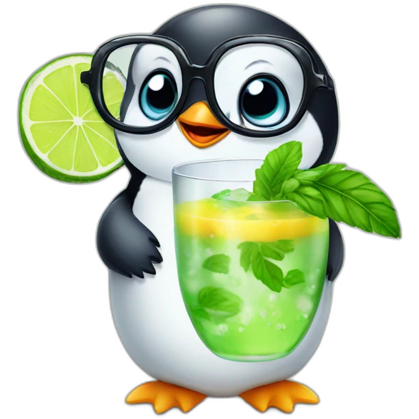 baby penguin with big glasses drinking mojito emoji