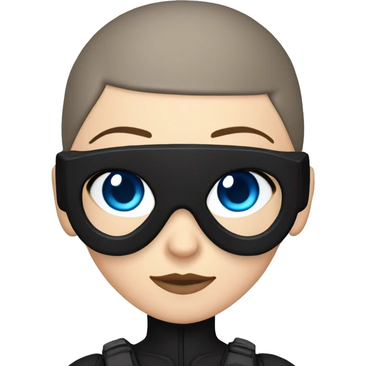 white girl, blue eyes, buzzcut hair, all black ninja outfit, drone goggles on top of head emoji