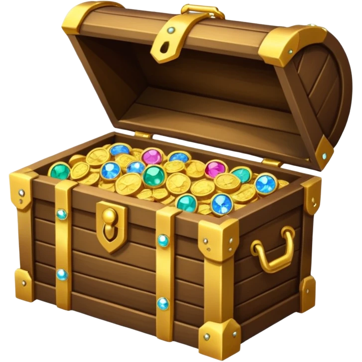 A treasure chest is slightly open and peeking out from inside are treasures: colored diamonds, gold necklaces, pearls, and gold coins. emoji
