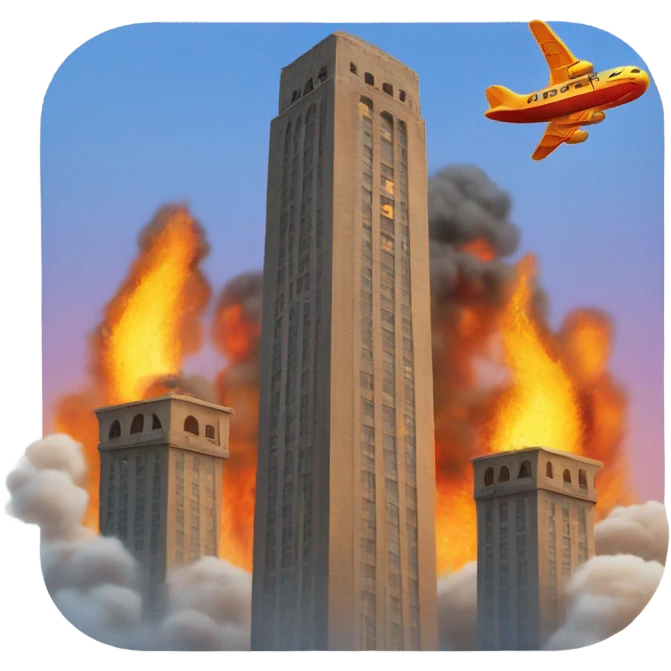 Two square towers on fire and an airplane in background emoji