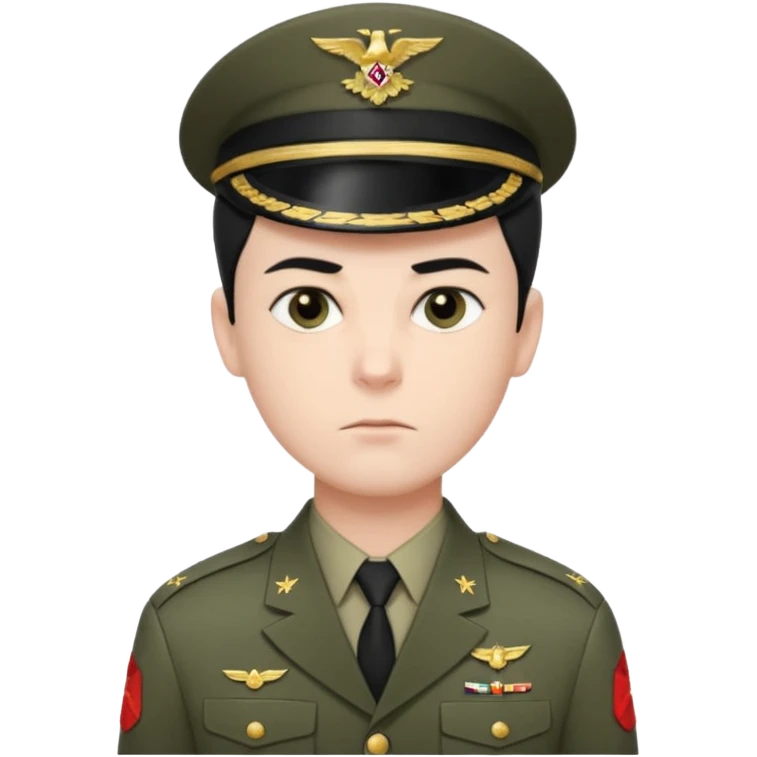 short black neat hair, sharp dark gray eyes, pale skin, serious expression, wearing military uniform, upright posture, minimal accessories, sharp and precise style. Man emoji