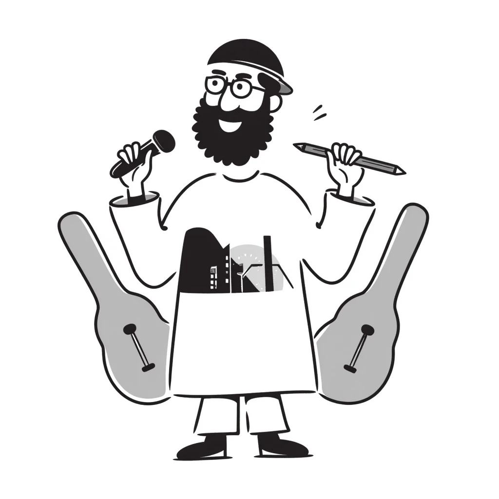 adult musician with beard and backwards cap, smiling widely, holding microphone in one hand and pencil in other hand emoji