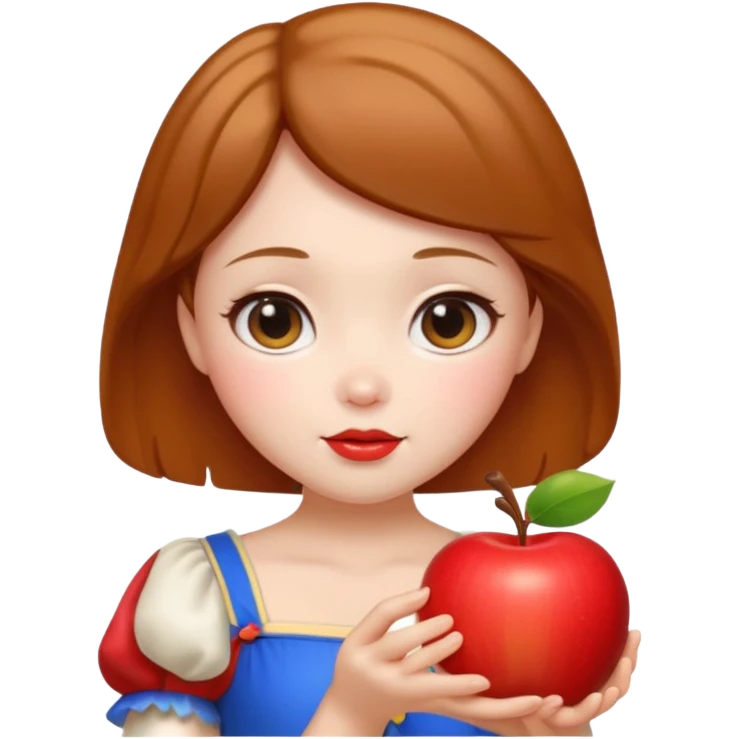 Create an emoji of Snow White holding a red apple, with short golden-brown hair Please create it in a super cute Japanese kawaii emoji style. emoji